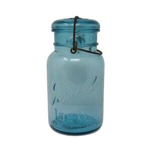 Ball Ideal July 14 1908 Aqua Blue Mason Jar #5 with Glass Lid